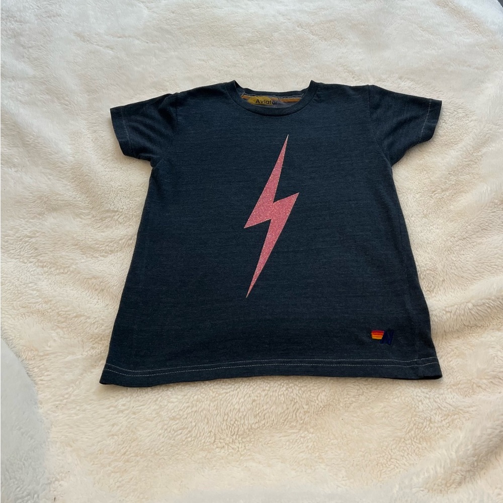 Kids Aviator Nation T-shirt, size 8, dark blue with pink lightning bolt